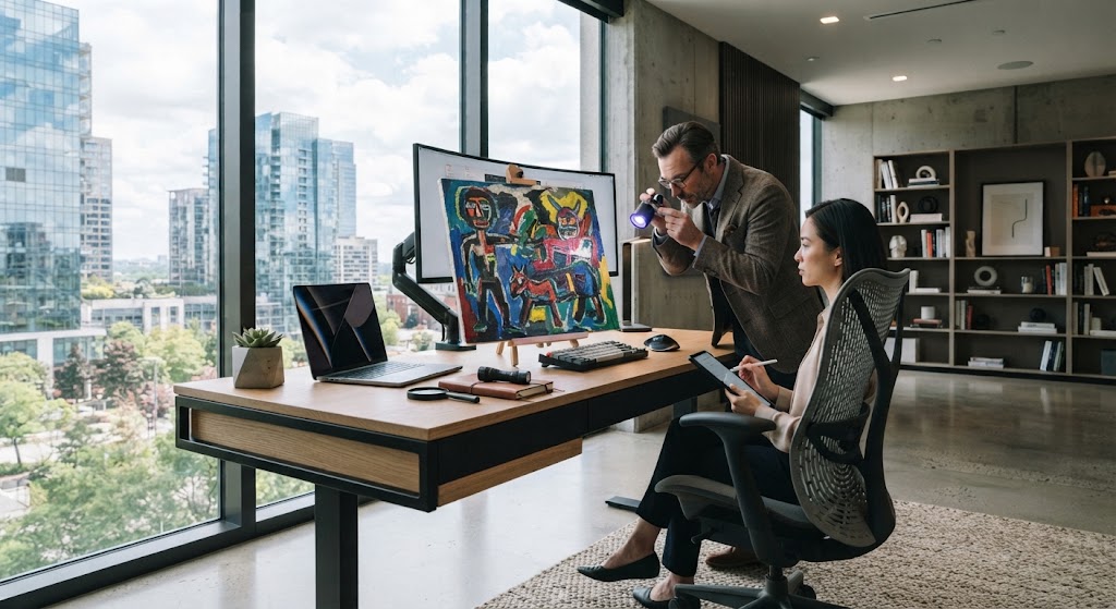 Inspection d'une toile en salle de présentation privée, deux personnes examinant la surface picturale