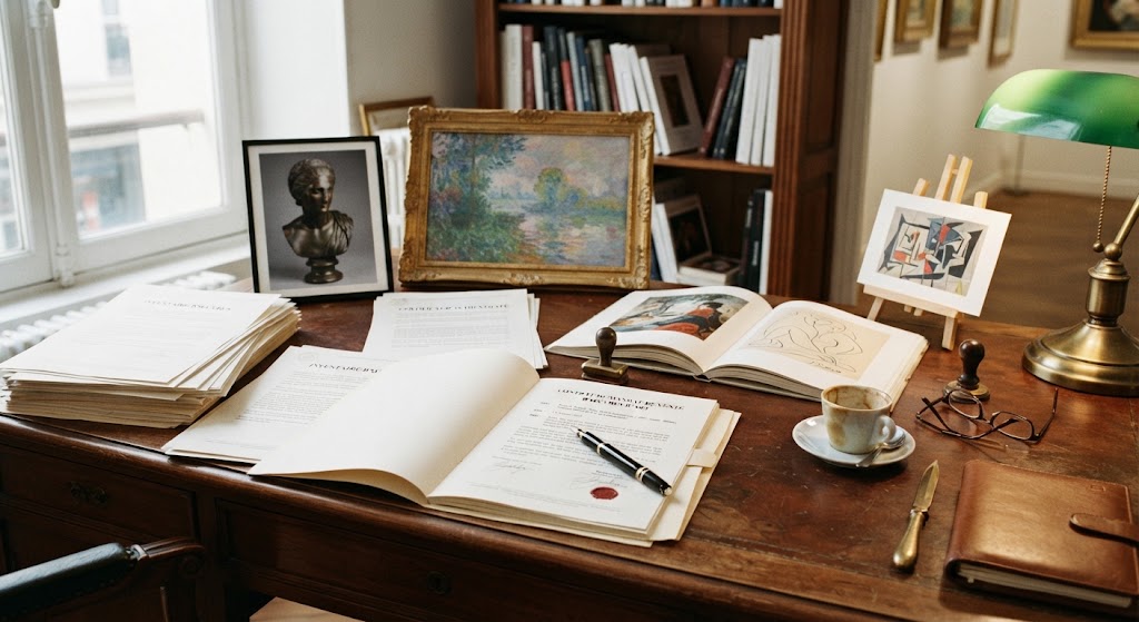 Documents de mandat et photographies d'œuvre disposés sur une table de travail