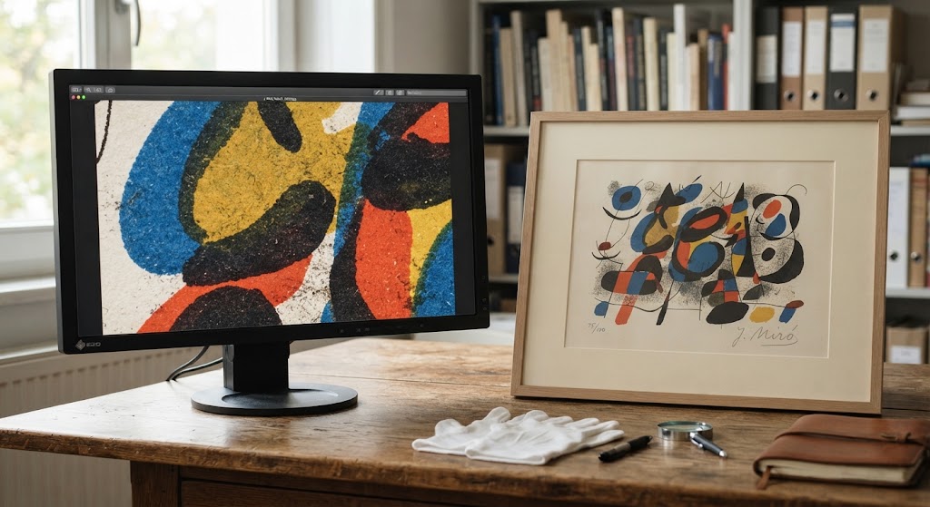 Écran affichant l'analyse en haute définition d'un détail pictural, à côté de l'œuvre physique