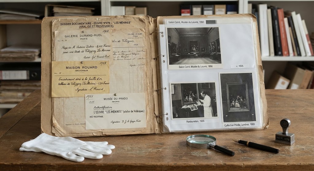 Dossier documentaire d'une œuvre ouvert sur une table, factures et photographies d'archive