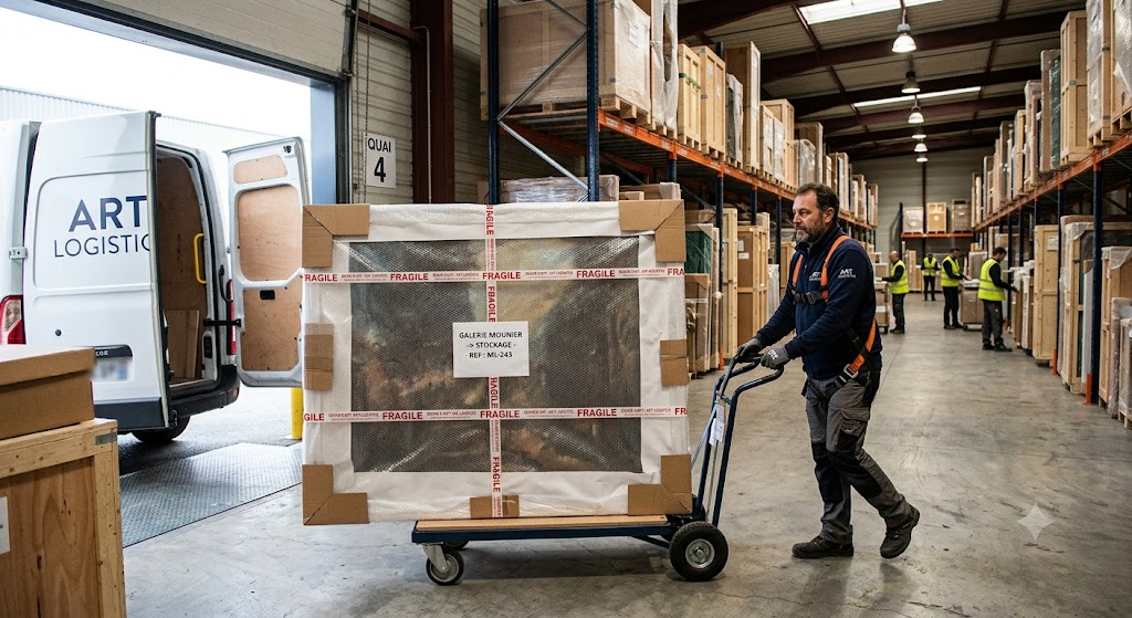 Manutention d'une œuvre emballée et filmée sur un chariot, à quai dans un entrepôt de logistique d'art