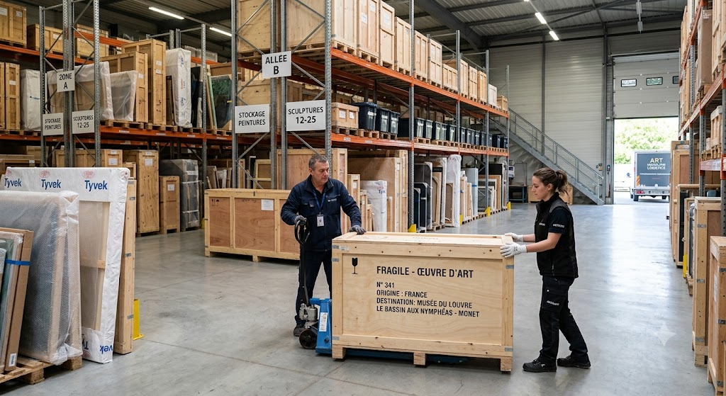 Manipulation d'une caisse de transport d'œuvre d'art dans une réserve à rayonnages, zones de stockage identifiées