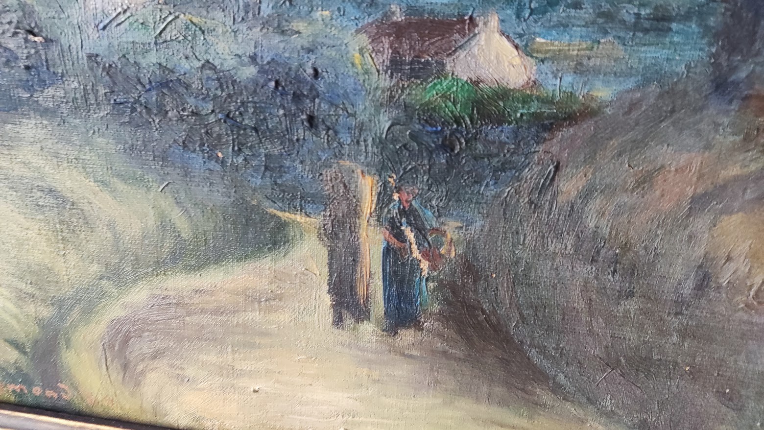 Détail d'un paysage breton peint à l'huile, deux figures sur un chemin