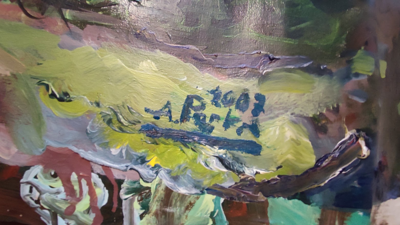 Détail macrophotographique de la signature et du millésime d'un tableau, support d'analyse morphologique